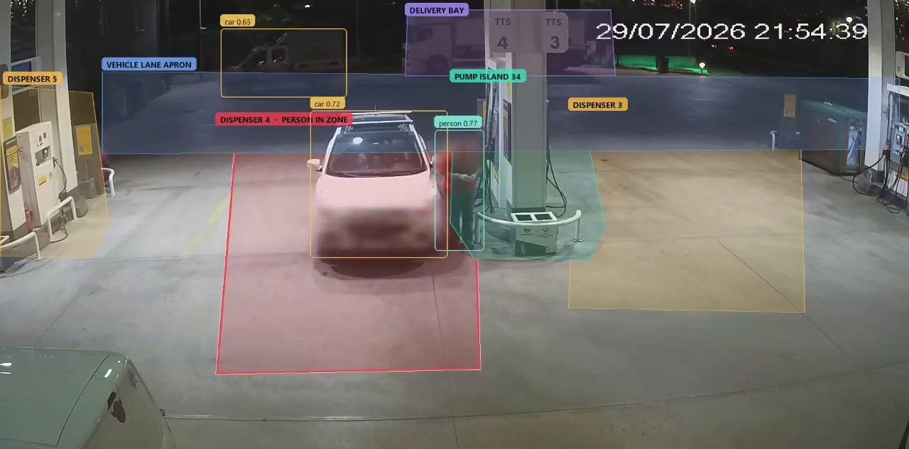 Person beside a car in a dispenser zone at night, event highlighted, face blurred